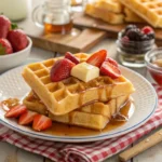 Golden waffles with butter, syrup, and strawberries on a table