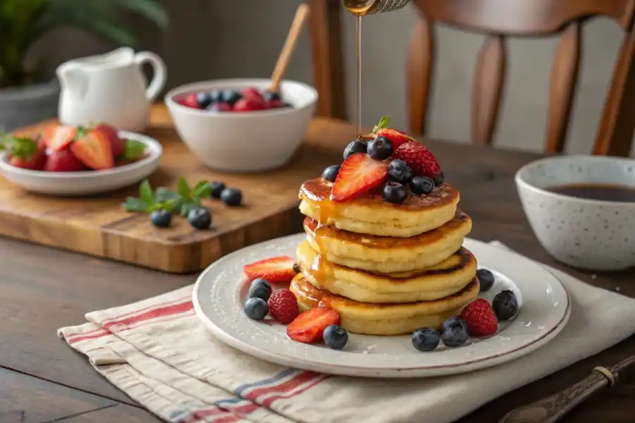 A stack of mini pancakes with fruit and syrup