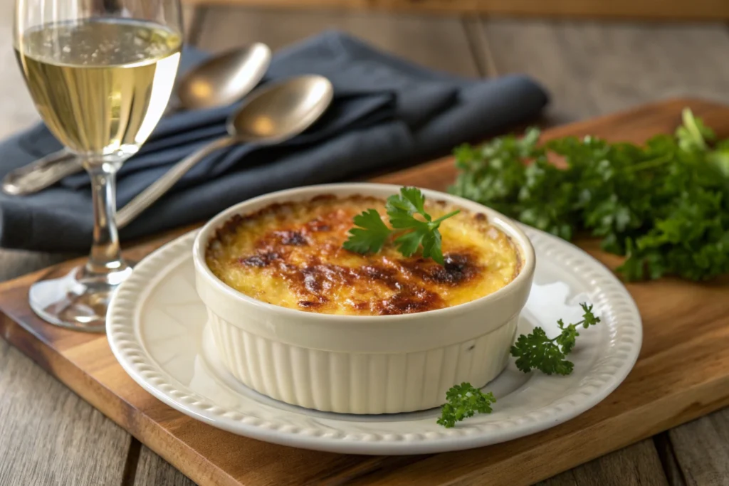 A crab brulee with caramelized crust in a ramekin, garnished with parsley