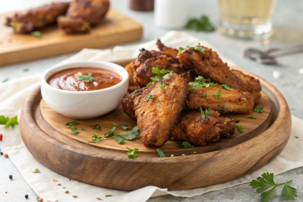 A plate of crispy chicken wings with dipping sauce and fresh herbs