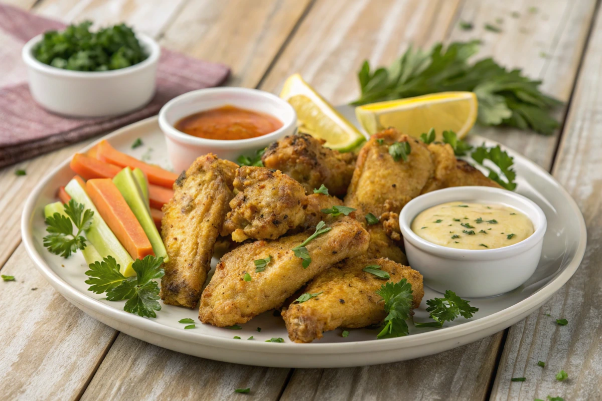 A plate of lemon pepper wings with dipping sauces and vegetables