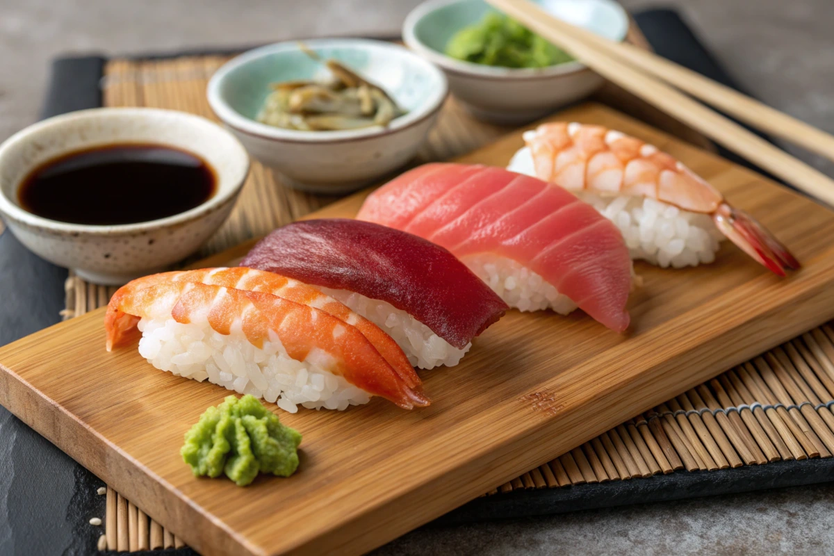 A plate of tuna, salmon, and shrimp nigiri with soy sauce and wasabi