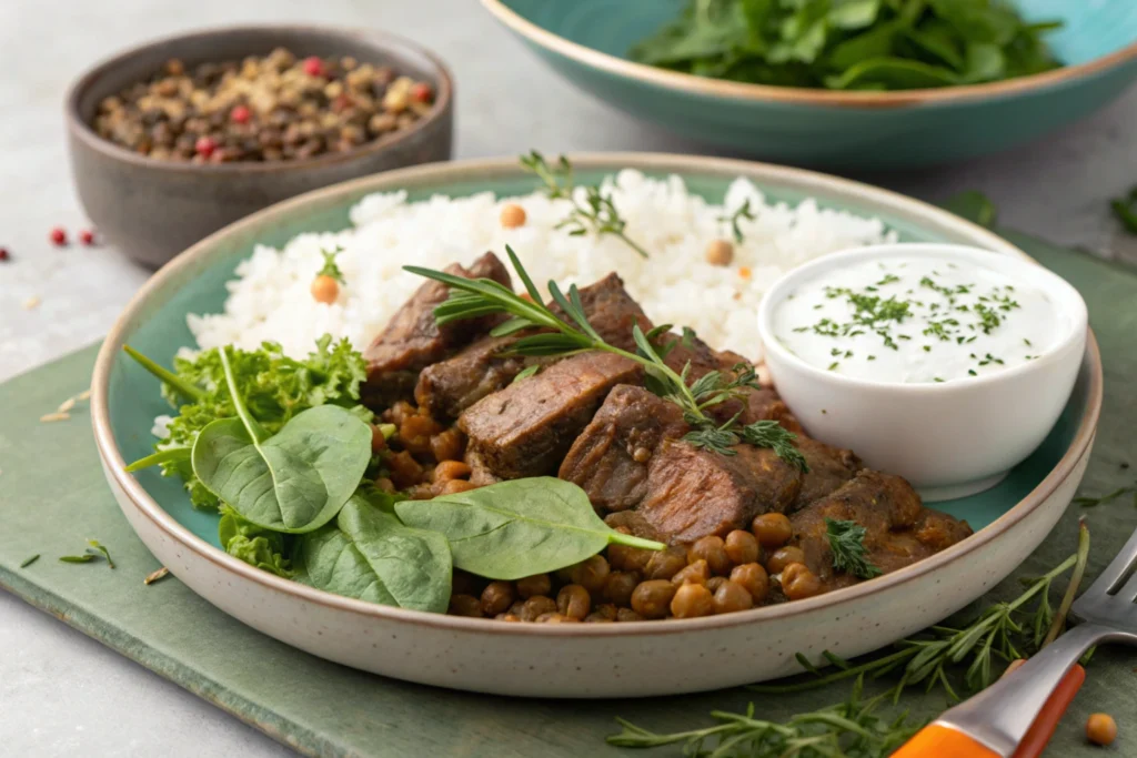 Final presentation of lamb, lentils, rice, and spinach dish