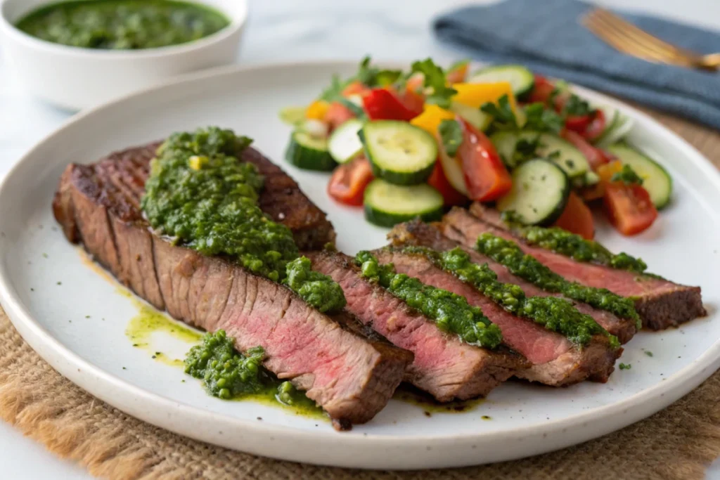 Flat iron steak slices with chimichurri sauce on a plate