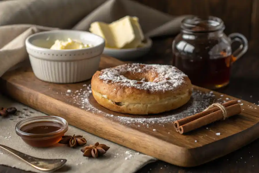 A freshly baked French toast bagel with toppings