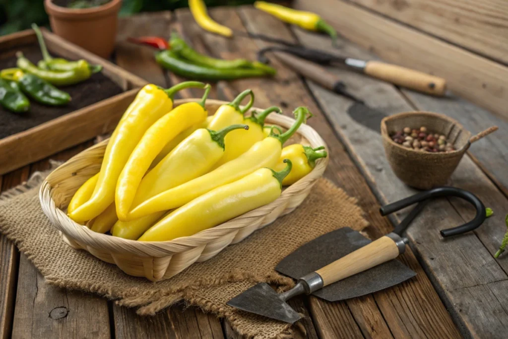 Fresh banana peppers on a wooden table with gardening tools