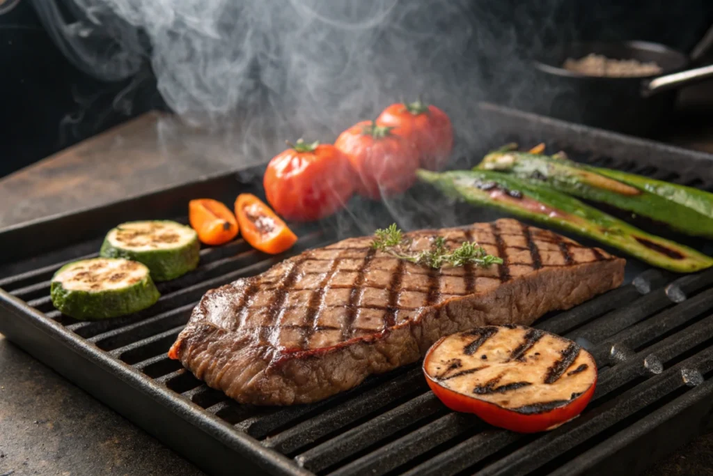 Flat iron steak with grill marks cooking on a charcoal grill
