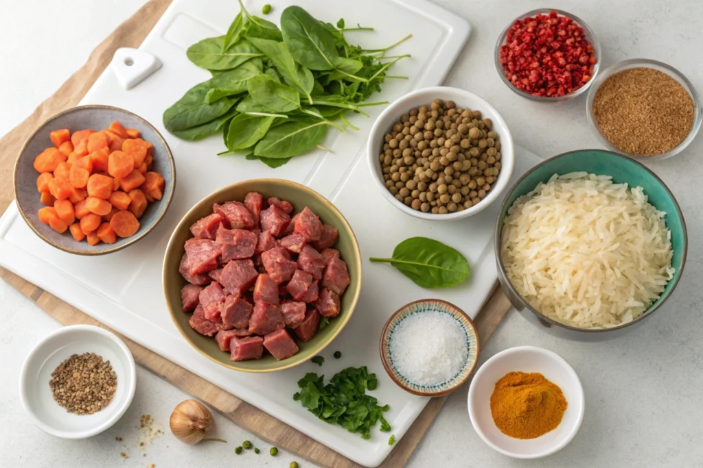 Ingredients for lamb, lentils, rice, and spinach recipe displayed