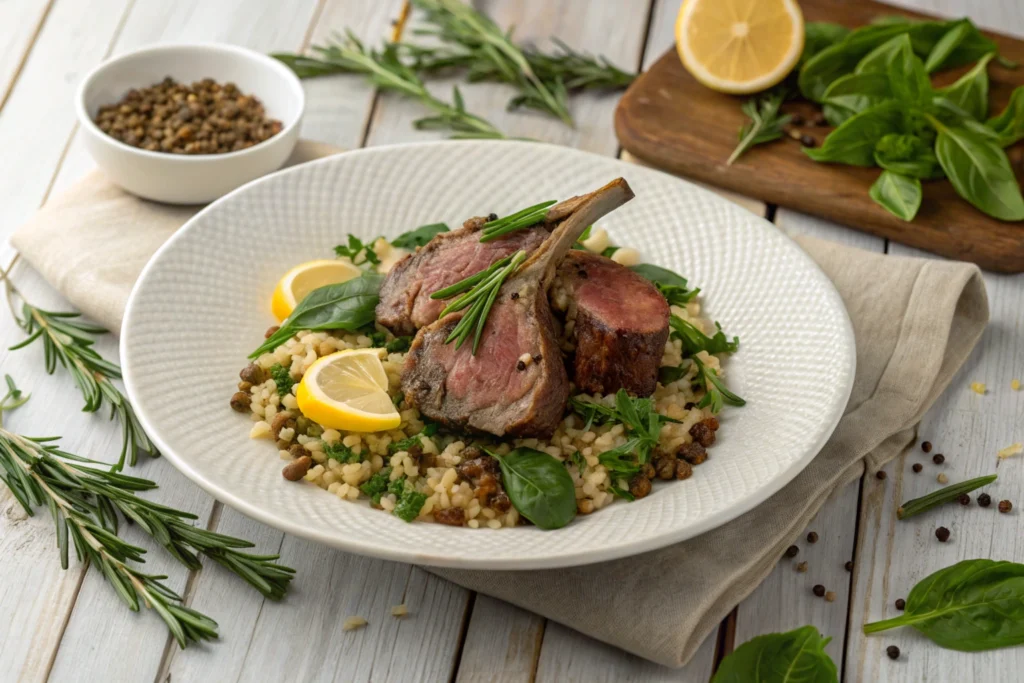 A vibrant serving of lamb, lentils, rice, and spinach on a plate