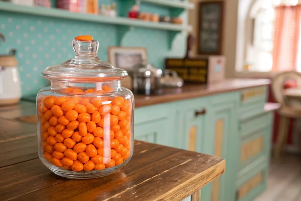  Bright orange circus peanuts in a candy jar on a wooden counter