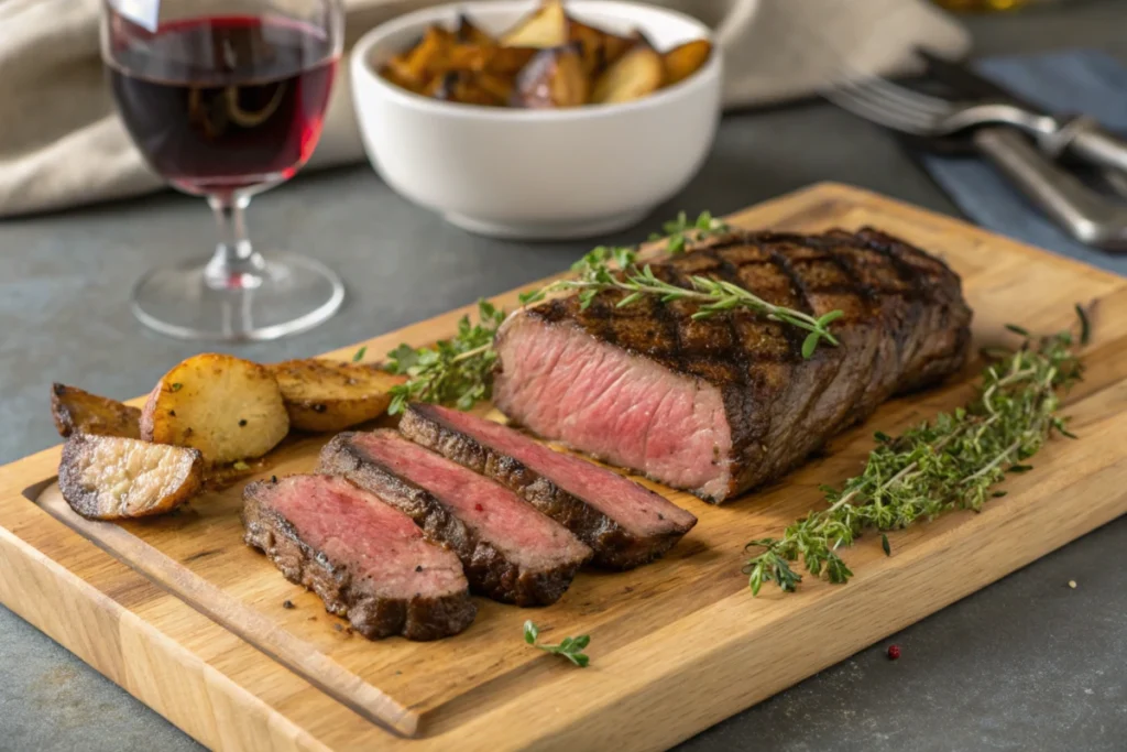 Juicy medium-rare flat iron steak on a wooden board with roasted potatoes