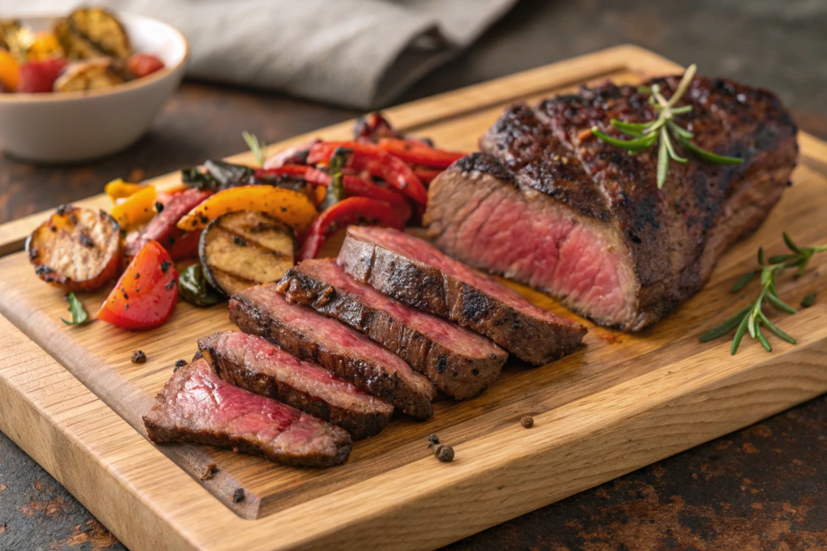 Sliced flat iron steak served with grilled vegetables