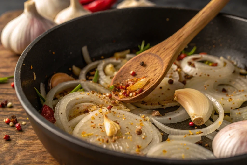 Onions, garlic, and spices being sautéed in a pan
